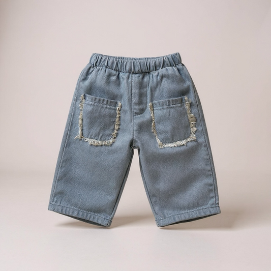 Soft Washed Denim Baby Trousers with Frayed Pocket Detail