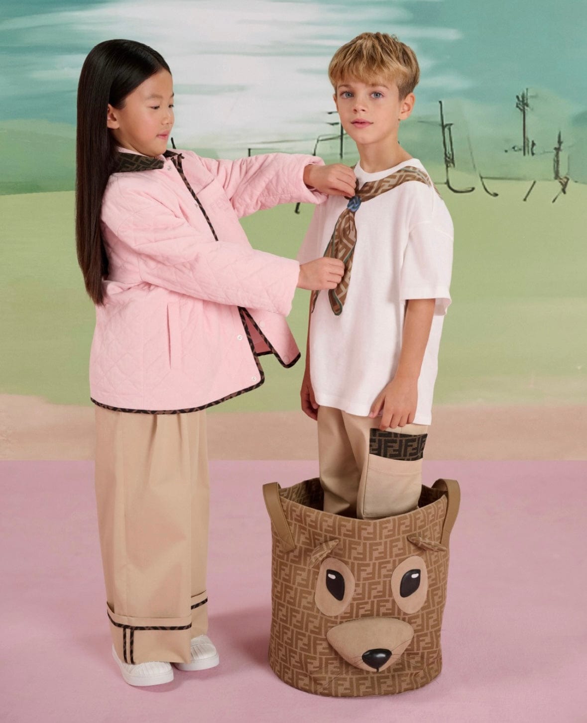 Fendi Girls Stretch Gabardine Trousers in Beige