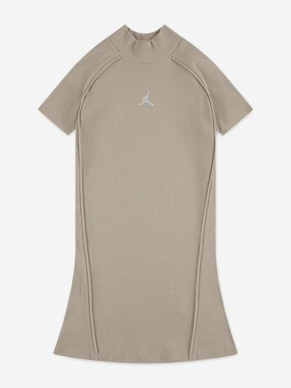 Jordan Girls Mock Neck Ribbed Dress in Beige