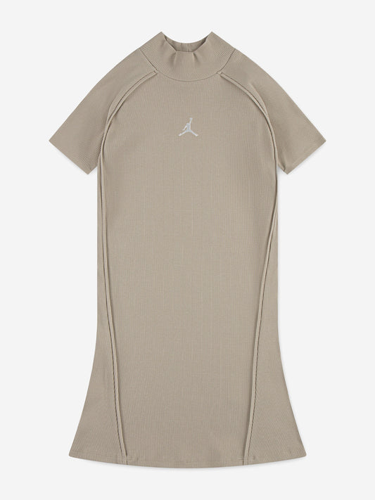 Jordan Girls Mock Neck Ribbed Dress in Beige