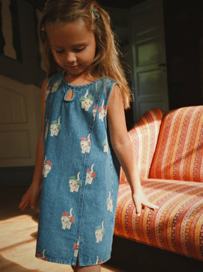 Konges Sløjd Girls Magot Bow Kitty Denim Dress in Blue