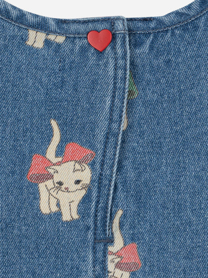 Konges Sløjd Girls Magot Bow Kitty Denim Dress in Blue