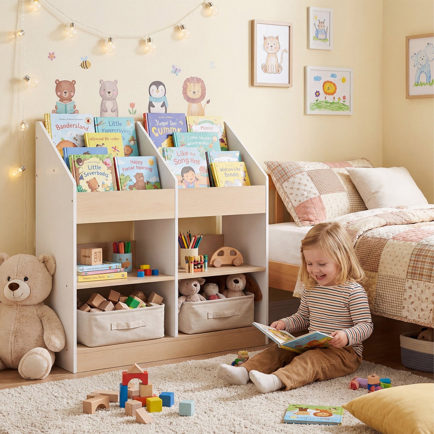 Kids Bookshelf Toddler Book Stand with 4 Upright Cubes and 4 Storage Compartments-White