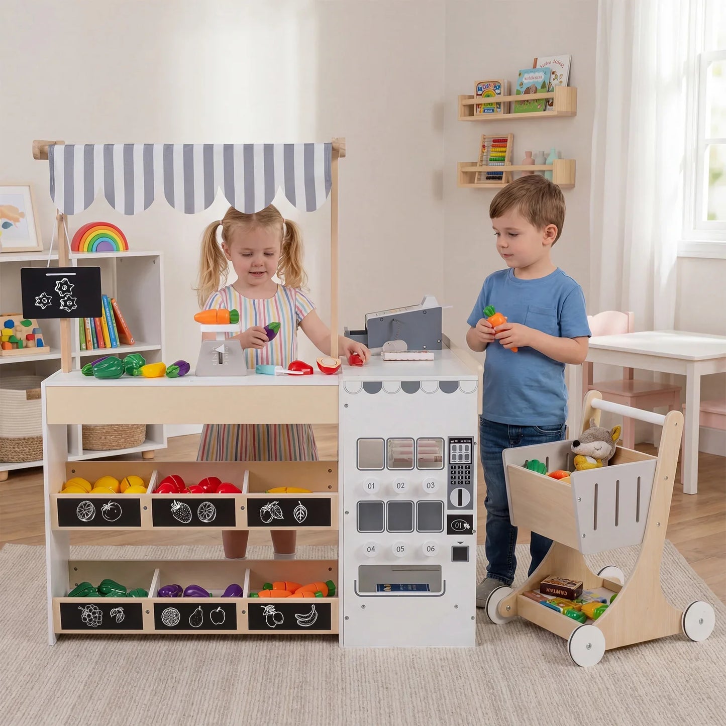 Kids Grocery Store Playset with Shopping Cart for Toddler Boys Girls 3+-Natural