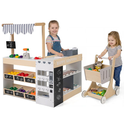 Kids Grocery Store Playset with Shopping Cart for Toddler Boys Girls 3+-Natural