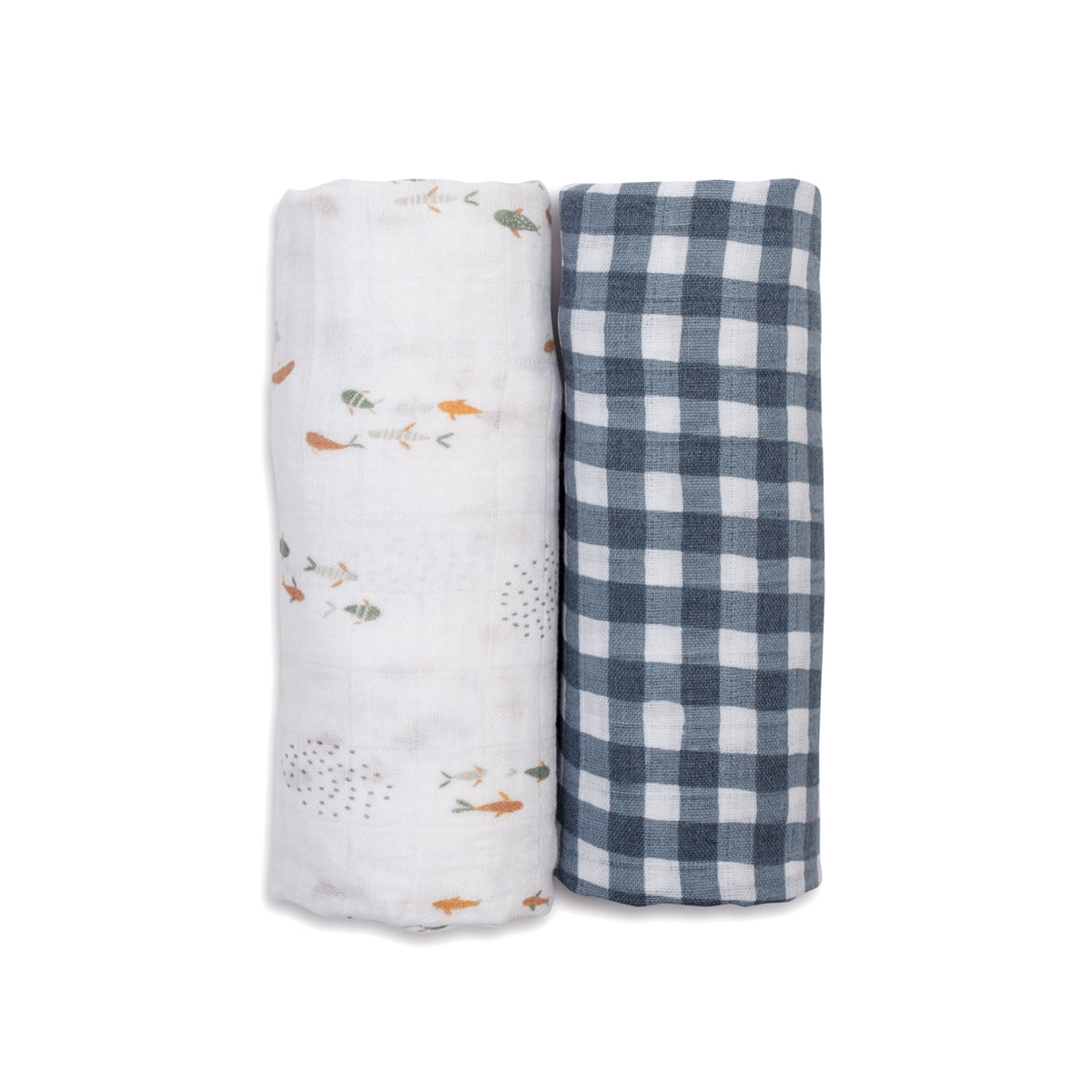 Lulujo - 2 Pack Muslin Swaddles - Fish / Navy Gingham (100cm x100cm)
