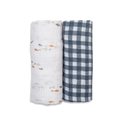 Lulujo - 2 Pack Muslin Swaddles - Fish / Navy Gingham (100cm x100cm)