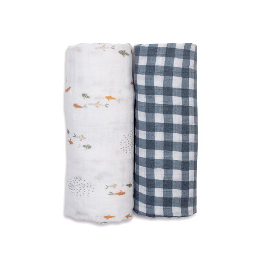 Lulujo - 2 Pack Muslin Swaddles - Fish / Navy Gingham (100cm x100cm)