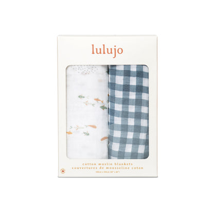 Lulujo - 2 Pack Muslin Swaddles - Fish / Navy Gingham (100cm x100cm)