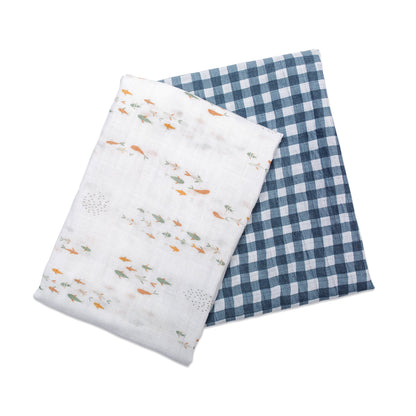 Lulujo - 2 Pack Muslin Swaddles - Fish / Navy Gingham (100cm x100cm)