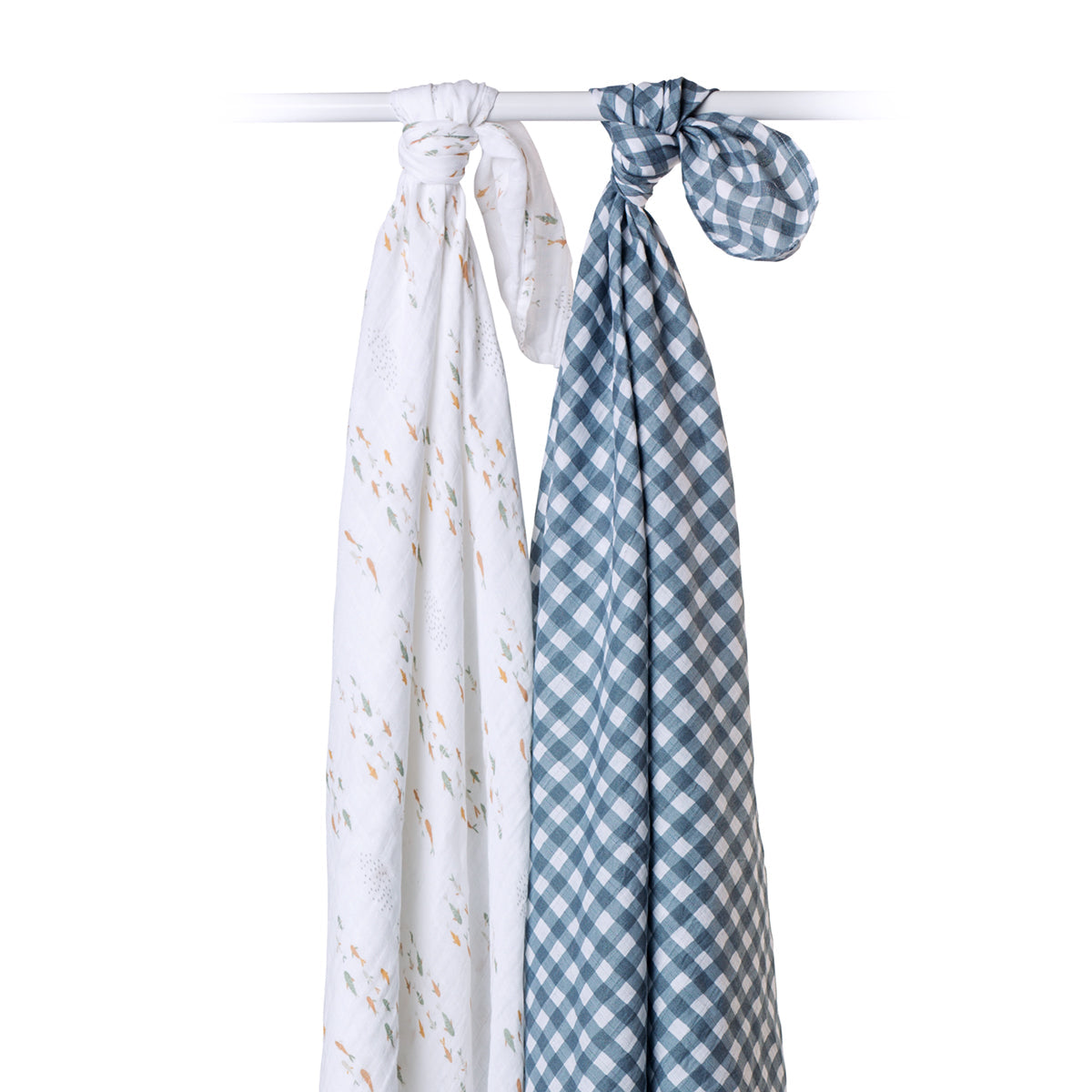 Lulujo - 2 Pack Muslin Swaddles - Fish / Navy Gingham (100cm x100cm)