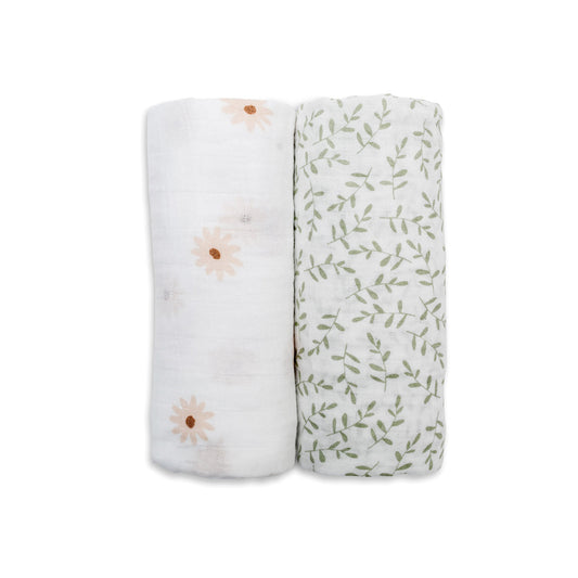 Lulujo - 2 Pack Muslin Swaddles - Daisy / Greenery (100cm x100cm)