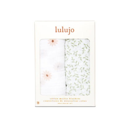 Lulujo - 2 Pack Muslin Swaddles - Daisy / Greenery (100cm x100cm)