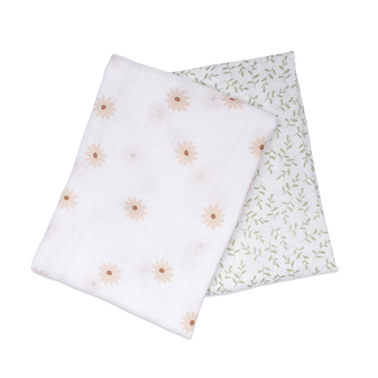 Lulujo - 2 Pack Muslin Swaddles - Daisy / Greenery (100cm x100cm)