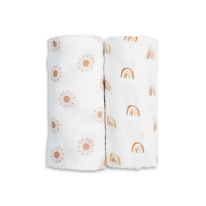 Lulujo - 2 Pack Muslin Swaddles - Rainbows / Suns (100cm x100cm)