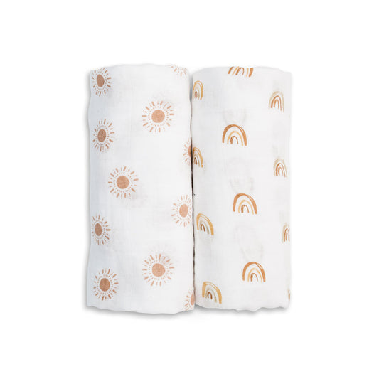 Lulujo - 2 Pack Muslin Swaddles - Rainbows / Suns (100cm x100cm)