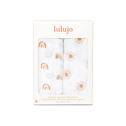 Lulujo - 2 Pack Muslin Swaddles - Rainbows / Suns (100cm x100cm)