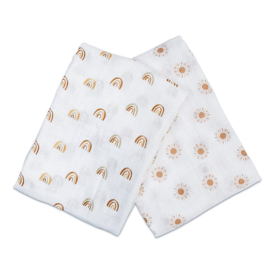 Lulujo - 2 Pack Muslin Swaddles - Rainbows / Suns (100cm x100cm)