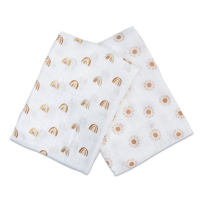 Lulujo - 2 Pack Muslin Swaddles - Rainbows / Suns (100cm x100cm)