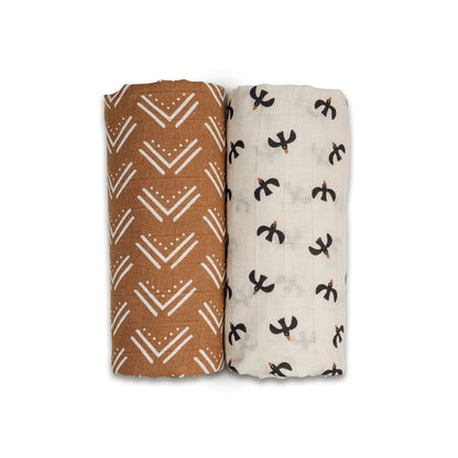 Lulujo - 2 Pack Muslin Swaddles - Blackbird / Mudcloth (100cm x100cm)