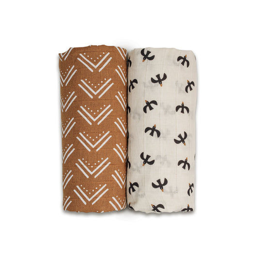 Lulujo - 2 Pack Muslin Swaddles - Blackbird / Mudcloth (100cm x100cm)