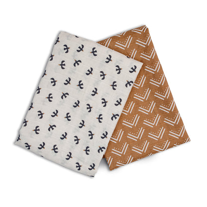Lulujo - 2 Pack Muslin Swaddles - Blackbird / Mudcloth (100cm x100cm)