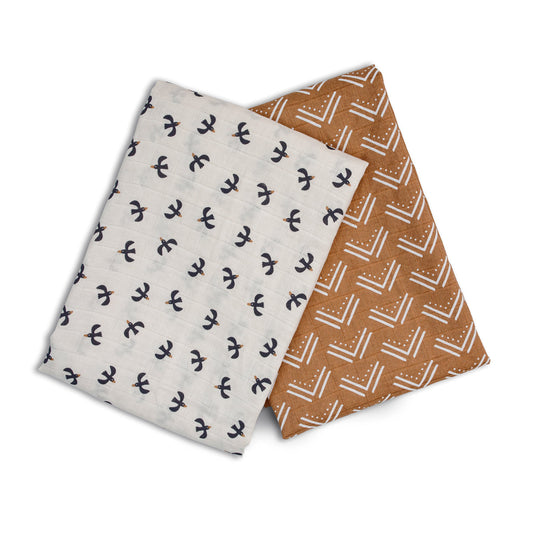 Lulujo - 2 Pack Muslin Swaddles - Blackbird / Mudcloth (100cm x100cm)