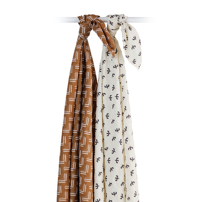 Lulujo - 2 Pack Muslin Swaddles - Blackbird / Mudcloth (100cm x100cm)