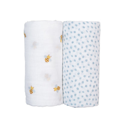 Lulujo - 2 Pack Muslin Swaddles - Bees / Dots (100cm x100cm)