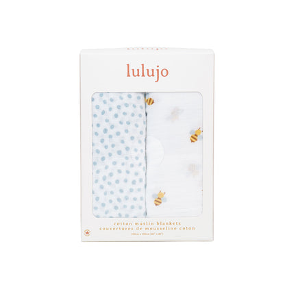 Lulujo - 2 Pack Muslin Swaddles - Bees / Dots (100cm x100cm)