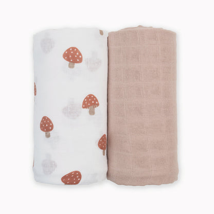 Lulujo - 2 Pack Muslin Swaddles - Mushrooms / Sand (100cm x100cm)