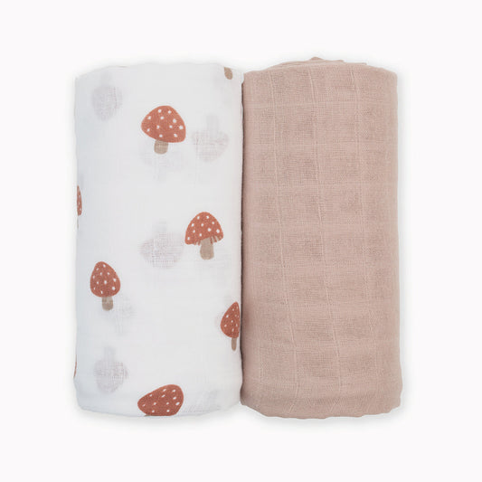 Lulujo - 2 Pack Muslin Swaddles - Mushrooms / Sand (100cm x100cm)