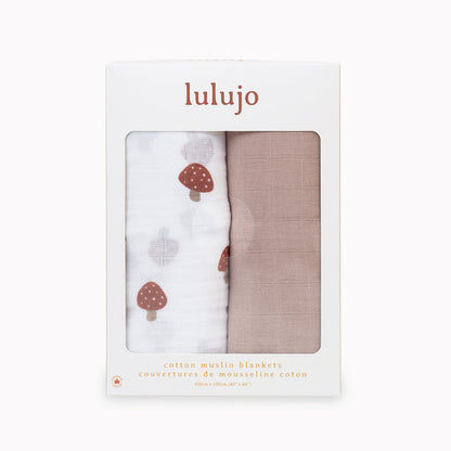 Lulujo - 2 Pack Muslin Swaddles - Mushrooms / Sand (100cm x100cm)