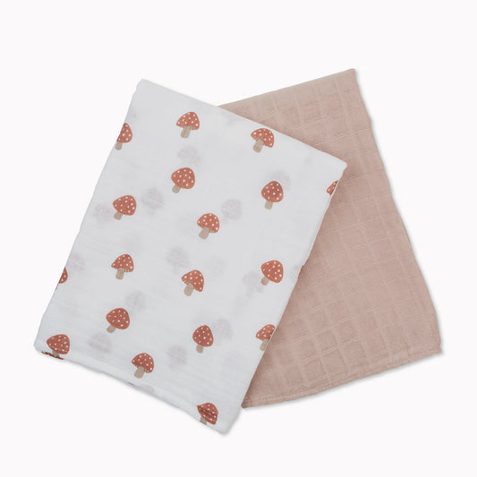 Lulujo - 2 Pack Muslin Swaddles - Mushrooms / Sand (100cm x100cm)