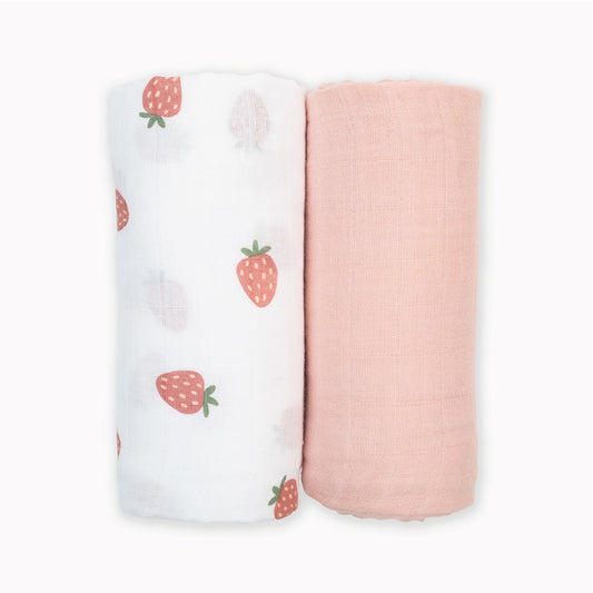 Lulujo - 2 Pack Muslin Swaddles - Strawberries / Pink (100cm x100cm)