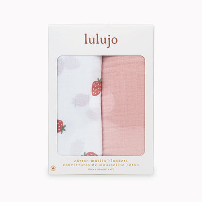 Lulujo - 2 Pack Muslin Swaddles - Strawberries / Pink (100cm x100cm)