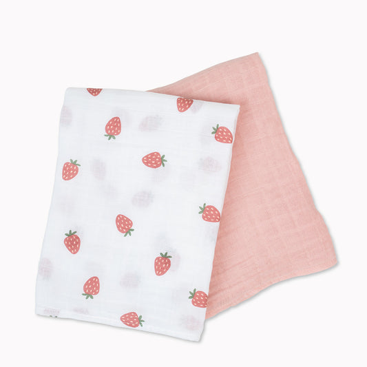 Lulujo - 2 Pack Muslin Swaddles - Strawberries / Pink (100cm x100cm)
