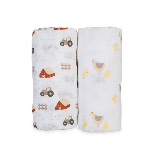 Lulujo - 2 Pack Muslin Swaddles - Barnyard / Hens & Chicks (100cm x100cm)