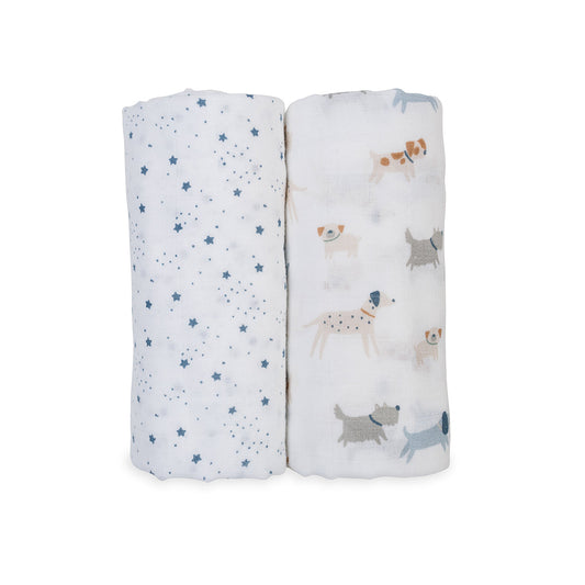 Lulujo - 2 Pack Muslin Swaddles - Puppy Dogs / Stars (100cm x100cm)