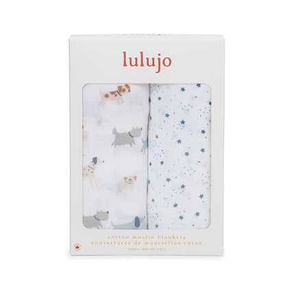 Lulujo - 2 Pack Muslin Swaddles - Puppy Dogs / Stars (100cm x100cm)