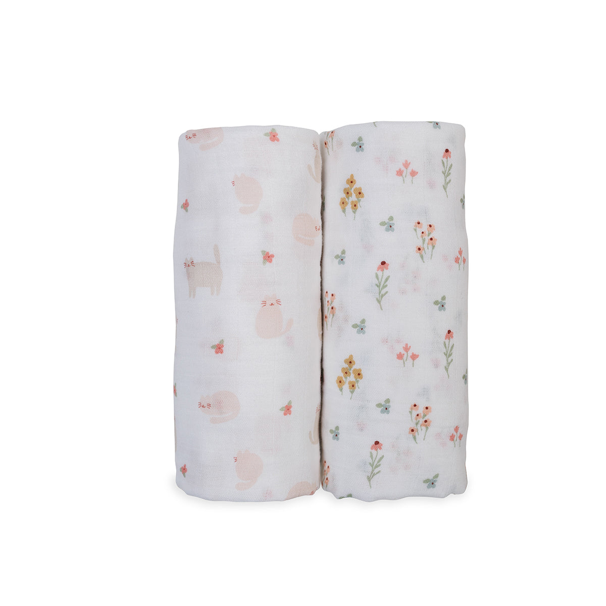 Lulujo - 2 Pack Muslin Swaddles - Kitty Cat / Flower Field (100cm x100cm)