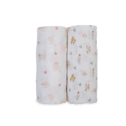 Lulujo - 2 Pack Muslin Swaddles - Kitty Cat / Flower Field (100cm x100cm)