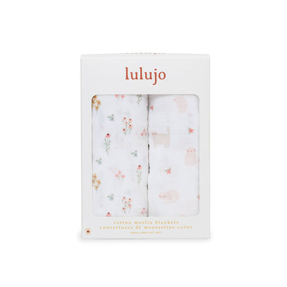 Lulujo - 2 Pack Muslin Swaddles - Kitty Cat / Flower Field (100cm x100cm)