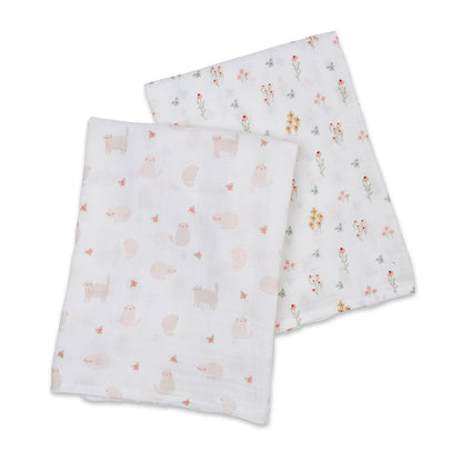 Lulujo - 2 Pack Muslin Swaddles - Kitty Cat / Flower Field (100cm x100cm)