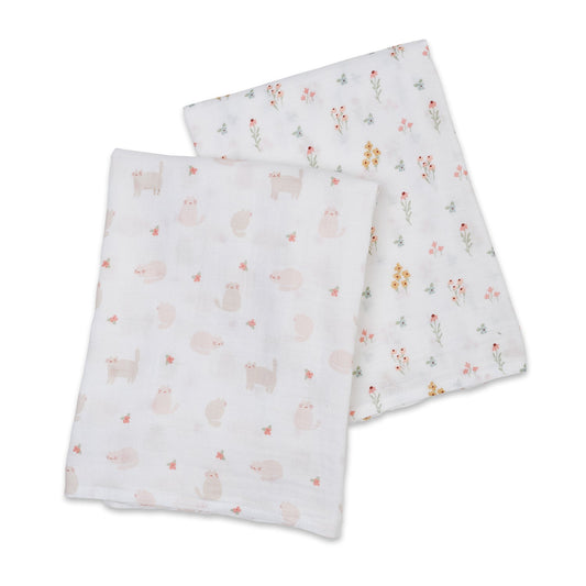 Lulujo - 2 Pack Muslin Swaddles - Kitty Cat / Flower Field (100cm x100cm)