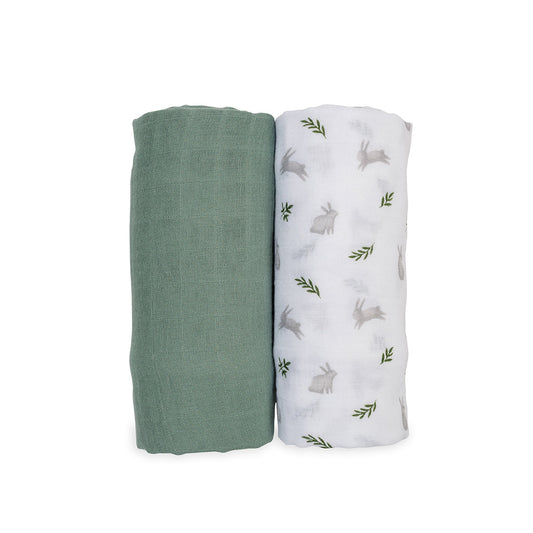 Lulujo - 2 Pack Muslin Swaddles - Bunnies / Fern (100cm x100cm)