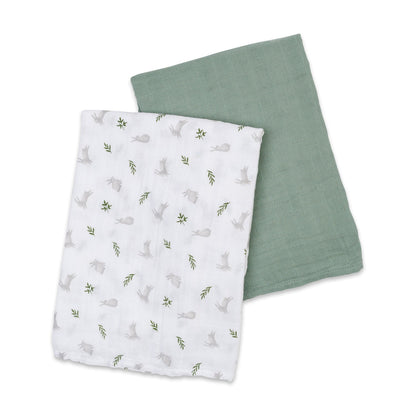 Lulujo - 2 Pack Muslin Swaddles - Bunnies / Fern (100cm x100cm)