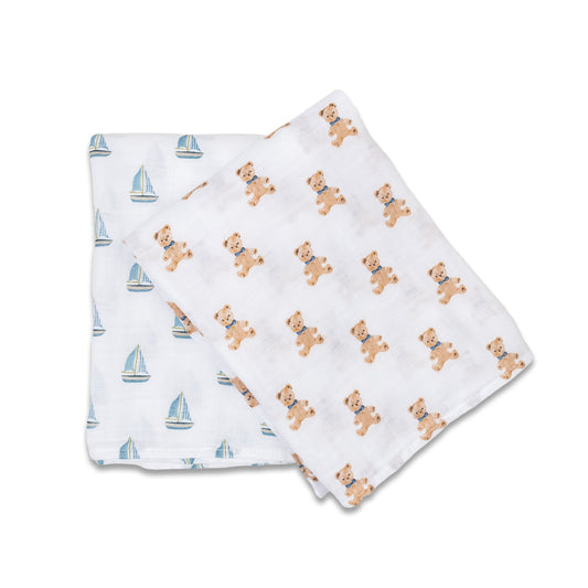Lulujo - 2 Pack Muslin Swaddles - Vintage Bears / Sailboat (100cm x100cm)