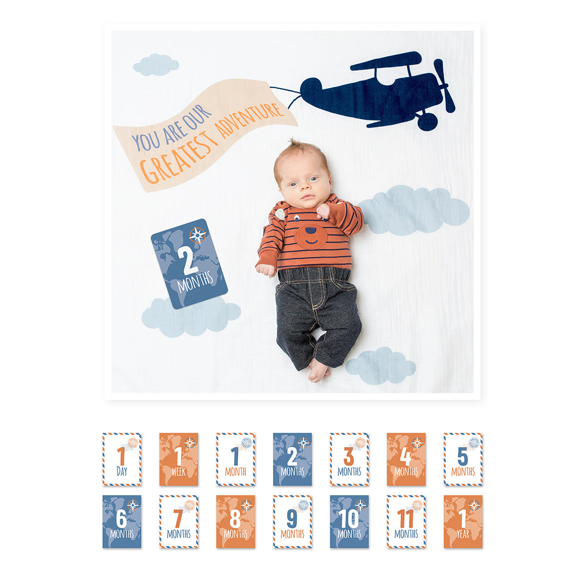 Lulujo - Single Muslin Swaddle & Cards Gift Set- Greatest Adventure