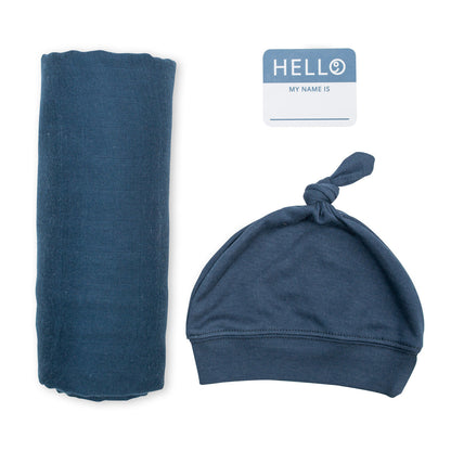 Lulujo - Bamboo Hat and Muslin Swaddle Blanket Gift Set - Navy